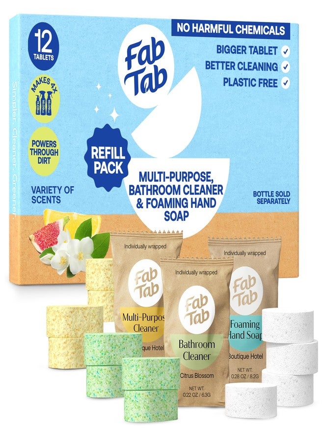 Fab Tab أقراص إعادة تعبئة مجموعة تنظيف المنزل فاب تاب - منظف متعدد الأغراض، منظف للحمامات، وأقراص صابون رغوي لليدين - نباتي - خالٍ من البلاستيك - لا يحتوي على مواد كيميائية قاسية - (الزجاجات غير متضمنة) - Image 1